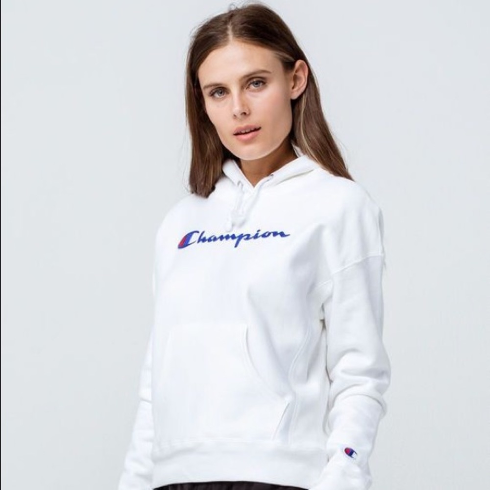 white reverse weave champion hoodie